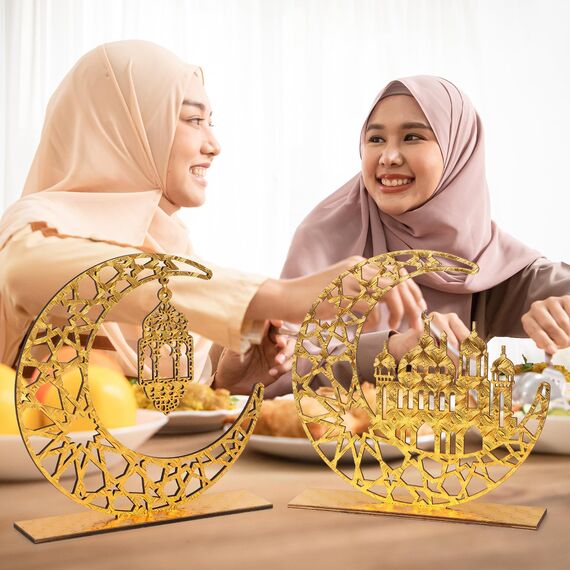2 Stück Holz Eid Mubarak Ramadan Kareem Dekorationen Eid Tisch Zeichen Mond Hohle Stern Freistehend Tisch Centerpiece Hängende Ornamente Tischdekoration für Muslim Islam Tischdekoration