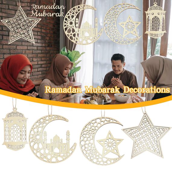 7PCS Ramadan Mubarak Hängende Dekorationen, Hölzerne Anhänger Eid Kareem Hängende Zeichen mit Seilen für Home Room Decor, 3D Hohlen Stern Mond Laternen Schlösser Ornament für Islamische Muslim Al-Fitr