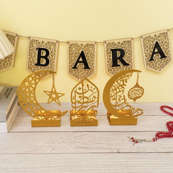 flangairy Ramadan-Dekorationen für Zuhause 2024 Eid Mubarak Metall-Kareem-Schilder, islamische muslimische Moschee, arabischer Ständer, goldfarbene Tischplatte, Tafelaufsatz für den Innenbereich,