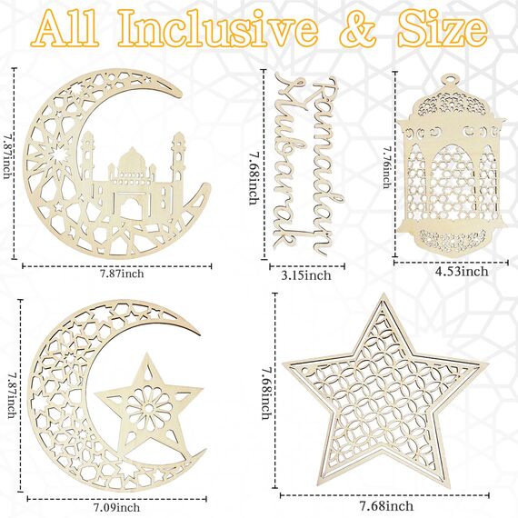 7PCS Ramadan Mubarak Hängende Dekorationen, Hölzerne Anhänger Eid Kareem Hängende Zeichen mit Seilen für Home Room Decor, 3D Hohlen Stern Mond Laternen Schlösser Ornament für Islamische Muslim Al-Fitr