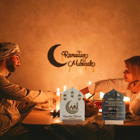 skyjoohy Ramadan Kareem Iftar Dekorationen Suhoor und Iftar Dua Schild für Zuhause Eid Mubarak Tischdekoration islamischer Halbmond Stern Geschenke Muslimisches Acryl (schwarz)