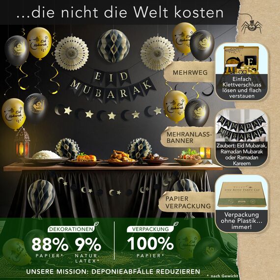 Premium Wiederverwendbare Eid Dekoration - Ramadan Dekoration Set mit Luftballons - 3-in-1-Banner mit Text: Eid Mubarak, Ramadan Mubarak oder Ramdan Kareem - Schnellmontage mit Klett (Schwarz & Gold)
