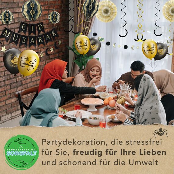 Premium Wiederverwendbare Eid Dekoration - Ramadan Dekoration Set mit Luftballons - 3-in-1-Banner mit Text: Eid Mubarak, Ramadan Mubarak oder Ramdan Kareem - Schnellmontage mit Klett (Schwarz & Gold)