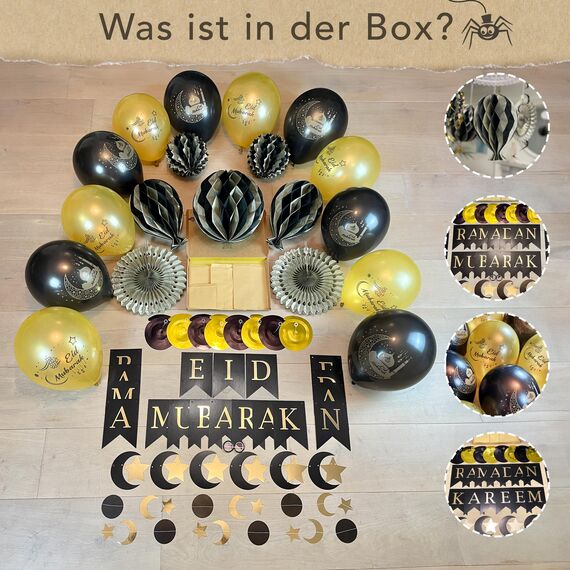 Premium Wiederverwendbare Eid Dekoration - Ramadan Dekoration Set mit Luftballons - 3-in-1-Banner mit Text: Eid Mubarak, Ramadan Mubarak oder Ramdan Kareem - Schnellmontage mit Klett (Schwarz & Gold)