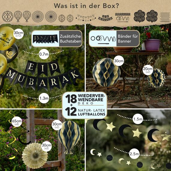 Premium Wiederverwendbare Eid Dekoration - Ramadan Dekoration Set mit Luftballons - 3-in-1-Banner mit Text: Eid Mubarak, Ramadan Mubarak oder Ramdan Kareem - Schnellmontage mit Klett (Schwarz & Gold)