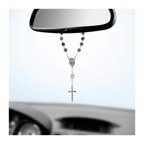 MaMeMi Autotrosenkranz mit VERSCHLUSS – blau MARMORIERT – 18 cm GEBETSKETTE mit KRUZIFIX für AUTO-RÜCKSPIEGEL – christlicher SCHUTZ & DEKO fürs AUTO – Geschenk für FAHRER & REISENDE