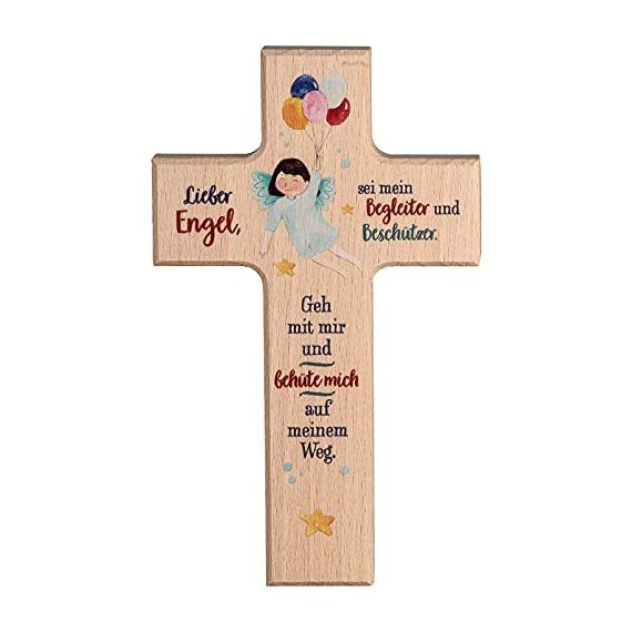 MaMeMi Kinder- Holzkreuz: 'Regenbogen-Engel' 15 cm zur Geburt, Taufe oder Kommunion