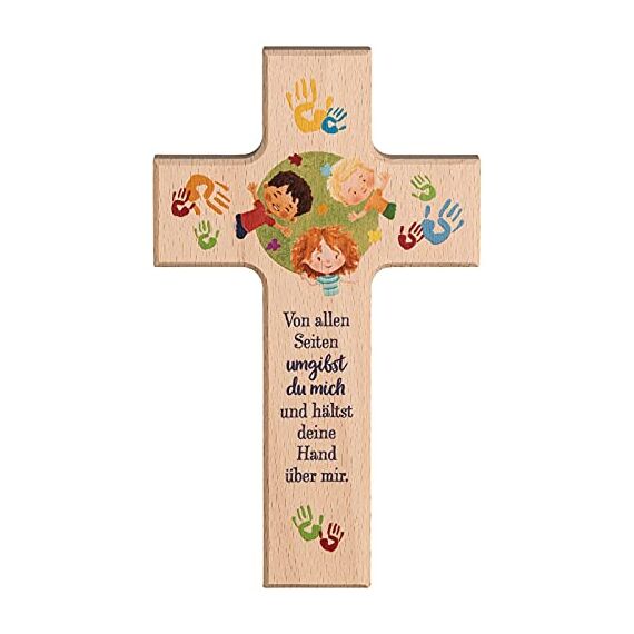 MaMeMi KINDER-HOLZKREUZ „GOTT BESCHÜTZE MICH“ – ca. 15 x 9 cm – Echtholz mit Segensspruch – TAUFKREUZ ZUR GEBURT ODER TAUFE – Wandkreuz für Kinderzimmer – KINDERKREUZ Inkl. Gebetsbüchlein