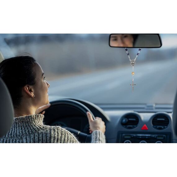 MaMeMi Autotrosenkranz mit VERSCHLUSS – blau MARMORIERT – 18 cm GEBETSKETTE mit KRUZIFIX für AUTO-RÜCKSPIEGEL – christlicher SCHUTZ & DEKO fürs AUTO – Geschenk für FAHRER & REISENDE