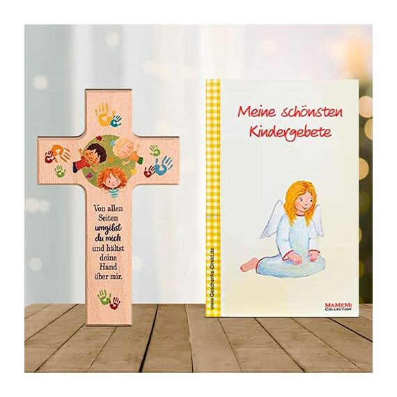 MaMeMi KINDER-HOLZKREUZ „GOTT BESCHÜTZE MICH“ – ca. 15 x 9 cm – Echtholz mit Segensspruch – TAUFKREUZ ZUR GEBURT ODER TAUFE – Wandkreuz für Kinderzimmer – KINDERKREUZ Inkl. Gebetsbüchlein