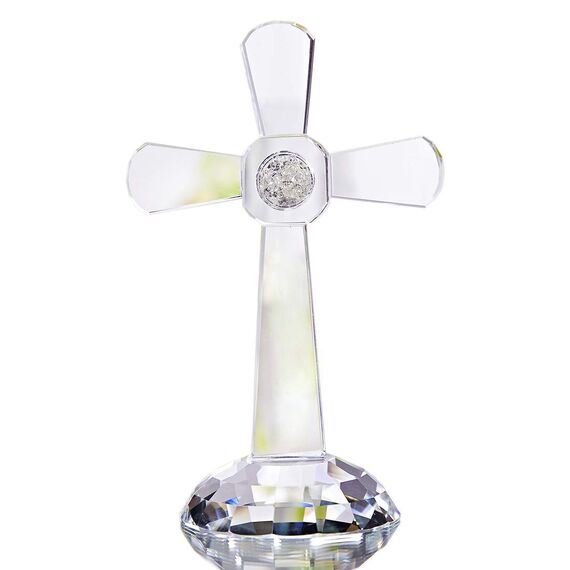 QFkris Traditionelles Kreuz mit Kristallkreuz, 17,8 cm hoch, transparentes Glas, Tischdekoration