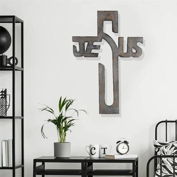 Ajuny Jesus Holz Wandkreuz Keltisches Handgeschnitzte religiöse Wanddeko, christliche Wohnkultur, Kruzifix Kreuz zum Aufhängen, Geschenk zur Taufe & Kommunion 15x10 Zoll (38x25 cm)