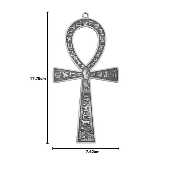 NileCart 17,8 cm großes ägyptisches Ankh-Kreuz aus Metall, hergestellt in Ägypten mit antiken ägyptischen Hieroglyphen Symbolen auf beiden Seiten (Antik-Silberton).