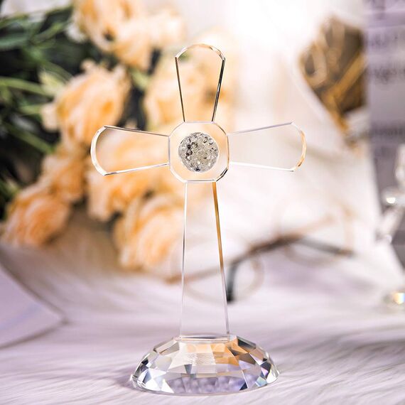 QFkris Traditionelles Kreuz mit Kristallkreuz, 17,8 cm hoch, transparentes Glas, Tischdekoration