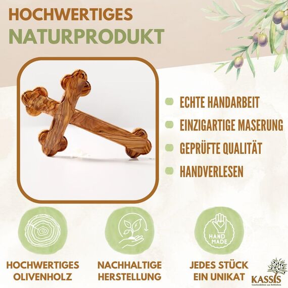 Kassis Geschenkartikel Olivenholz Kreuz Kruzifix Wandkreuz schlicht mit runden Kanten zum Aufhängen aus Bethlehem zur Firmung, Taufe, Kommunion (Ohne Gravur, 22,50 cm)