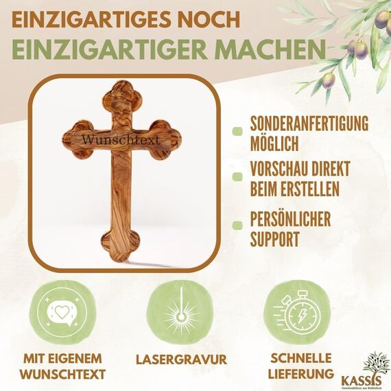 Kassis Geschenkartikel Olivenholz Kreuz Kruzifix Wandkreuz schlicht mit runden Kanten zum Aufhängen aus Bethlehem zur Firmung, Taufe, Kommunion (Ohne Gravur, 22,50 cm)