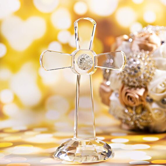 QFkris Traditionelles Kreuz mit Kristallkreuz, 17,8 cm hoch, transparentes Glas, Tischdekoration