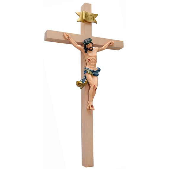 Kaltner Präsente Geschenkidee – Holzkreuz Wandkreuz Kruzifix aus Echtholz Buche Kreuz unbehandelt mit Jesus Christus Figur aus Kunststein handbemalt (Höhe 15 cm)