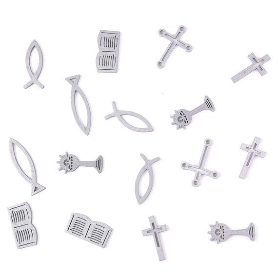 FEPITO 80 Stück Hölzerne Dekorationen Tischdeko Streudeko für Konfirmation Kommunion Silber Kreuz, Fisch, Kelch, Bibel - Größe ca. 3,5 bis 5 cm