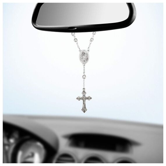 MaMeMi AUTOROSENKRANZ Silber – ca. 17 cm – mit CHRISTOPHORUS, KRUZIFIX & VERSCHLUSS – Zehner-Rosenkranz für Rückspiegel/Innenspiegel – GESCHENK FÜR AUTOFAHRER, Italien