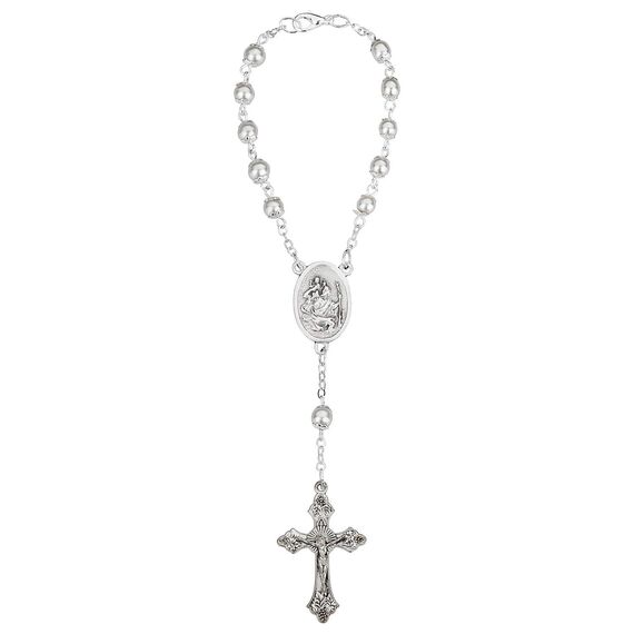 MaMeMi AUTOROSENKRANZ Silber – ca. 17 cm – mit CHRISTOPHORUS, KRUZIFIX & VERSCHLUSS – Zehner-Rosenkranz für Rückspiegel/Innenspiegel – GESCHENK FÜR AUTOFAHRER, Italien
