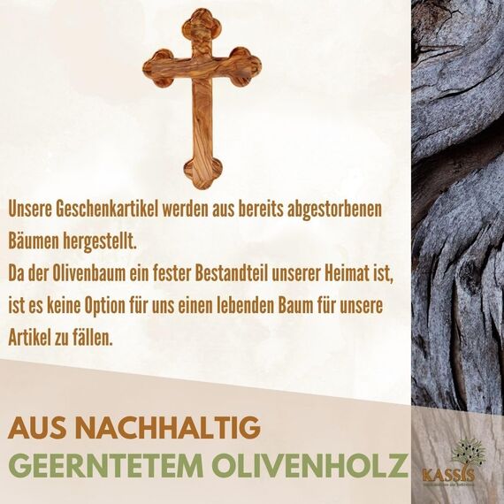 Kassis Geschenkartikel Olivenholz Kreuz Kruzifix Wandkreuz schlicht mit runden Kanten zum Aufhängen aus Bethlehem zur Firmung, Taufe, Kommunion (Ohne Gravur, 28L x 18,5B cm)