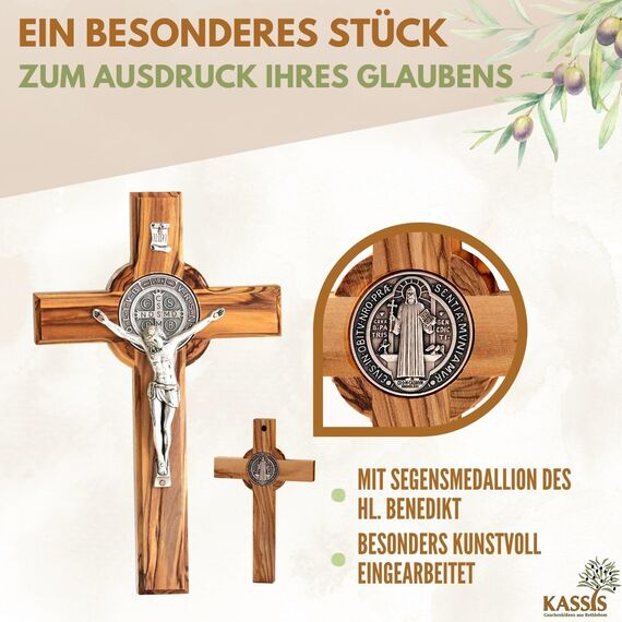 Kassis Geschenkartikel Olivenholz St. Benedikt Kreuz zum Aufhängen Benediktuskreuz Wandkreuz Kruzifix zur Firmung Geburt Kommunion Taufe 12 x 8,5 cm