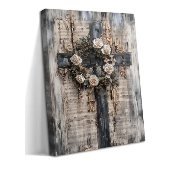 Christliche Wandkunst, Vintage-Kreuz, weißer Rosenkranz, Leinwand, Gemälde, Poster, Wanddekoration, Retro, religiöse Musiknote, Kirchendekoration, geeignet für Arbeitszimmer, Gebetsraum, 40,6 x 61 cm,