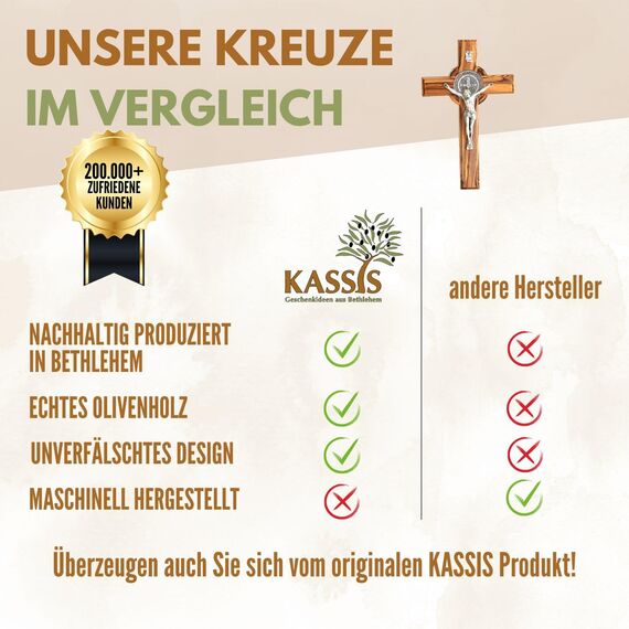 Kassis Geschenkartikel Olivenholz St. Benedikt Kreuz zum Aufhängen Benediktuskreuz Wandkreuz Kruzifix zur Firmung Geburt Kommunion Taufe 12 x 8,5 cm