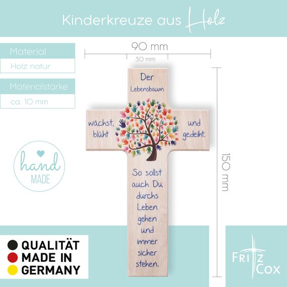 Fritz Cox Holzkreuz Lebensbaum | Das besondere Geschenk für unsere Liebsten | Wandkreuz zur Taufe, Kommunion, Geburt | 15 cm