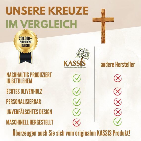 Kassis Geschenkartikel Olivenholz Kreuz schlicht zum Aufhängen Wandkreuz Deko Geschenk zur Firmung Geburt Kommunion Taufe (Ohne Gravur, 16 cm)