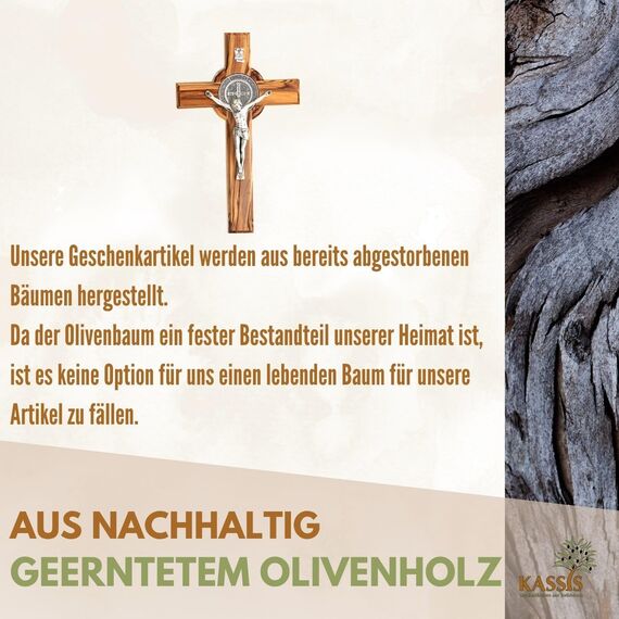 Kassis Geschenkartikel Olivenholz St. Benedikt Kreuz zum Aufhängen Benediktuskreuz Wandkreuz Kruzifix zur Firmung Geburt Kommunion Taufe 12 x 8,5 cm