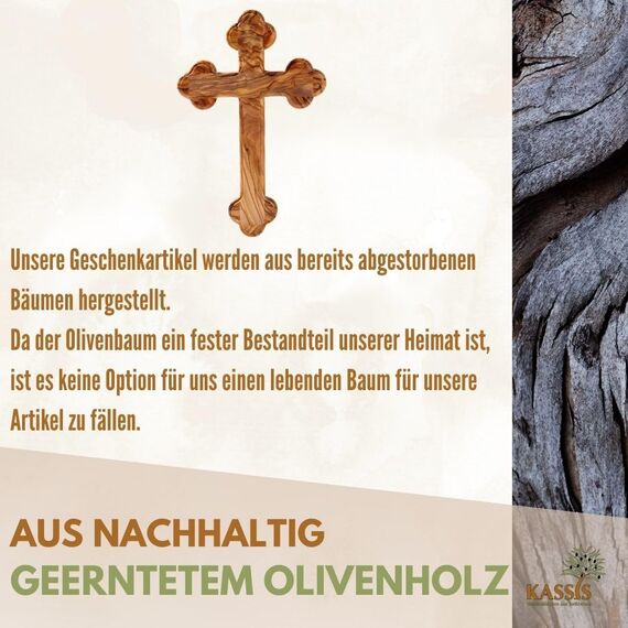 Kassis Geschenkartikel Olivenholz Kreuz Kruzifix Wandkreuz schlicht mit runden Kanten zum Aufhängen aus Bethlehem zur Firmung, Taufe, Kommunion (Ohne Gravur, 22,50 cm)