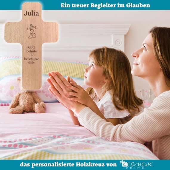 Holzkreuz mit individueller Gravur - personalisiert mit Name, Spruch, Motiv - Holz Kruzifix als Geschenk zur Geburt, Taufe, Kommunion, Firmung - Kreuz für Kinder und Erwachsene