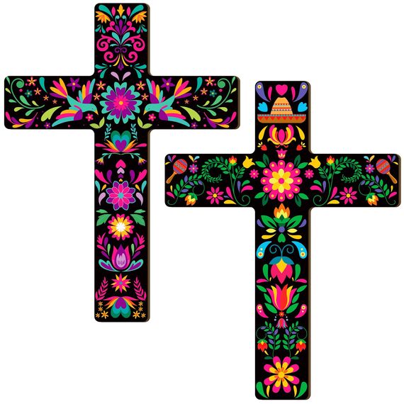 Pinkunn Wanddekoration, mexikanisches Kreuz, Motiv: Tag der Toten, handbemalt, Holz, Dia De Los Muertos, Altar-Dekorationen, spanisches Kreuz, Dekoration für Zuhause (Blume), 2 Stück