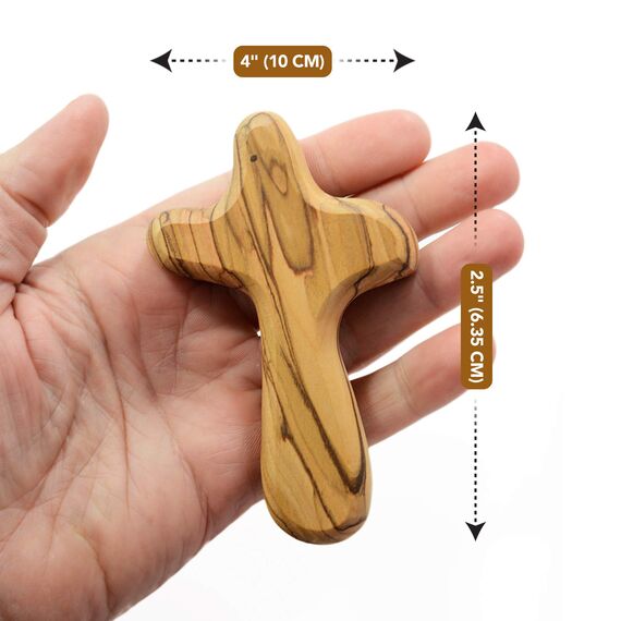 MIZZE Made for Luck 10 cm handgefertigt in Bethlehem handgefertigte Olivenholz Comfort Holding Cross in Beutel