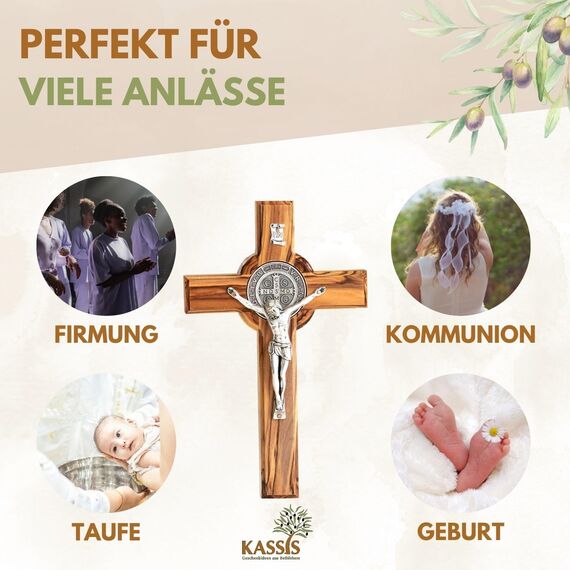 Kassis Geschenkartikel Olivenholz St. Benedikt Kreuz zum Aufhängen Benediktuskreuz Wandkreuz Kruzifix zur Firmung Geburt Kommunion Taufe 12 x 8,5 cm