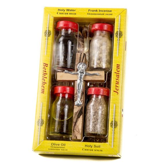 Nazareth Store Blessed Heiliges Wasser, Erde, Öl, Insense mit Jesuskreuz, Kruzifix Heiliges Land Wandkreuz
