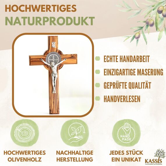 Kassis Geschenkartikel Olivenholz St. Benedikt Kreuz zum Aufhängen Benediktuskreuz Wandkreuz Kruzifix zur Firmung Geburt Kommunion Taufe 12 x 8,5 cm