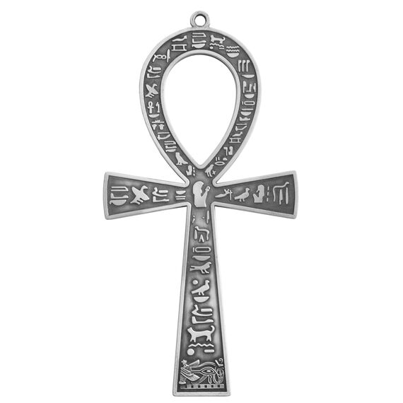 NileCart 17,8 cm großes ägyptisches Ankh-Kreuz aus Metall, hergestellt in Ägypten mit antiken ägyptischen Hieroglyphen Symbolen auf beiden Seiten (Antik-Silberton).
