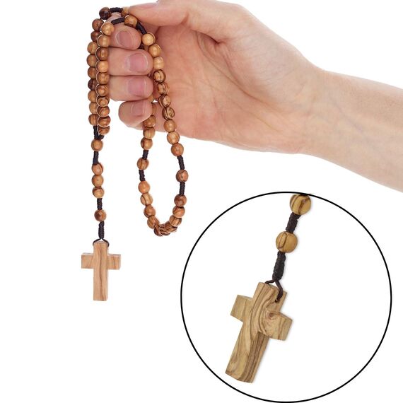 Katholischer Rosenkranz aus Olivenholz aus Bethlehem in natürlichem Baumwollbeutel - Rosenkranz aus Holz mit Echtheitszertifikat für Männer und Frauen
