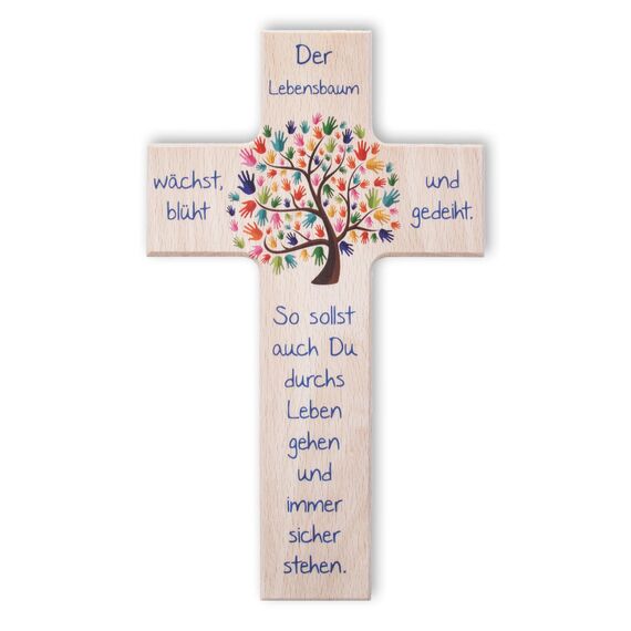 Fritz Cox Holzkreuz Lebensbaum | Das besondere Geschenk für unsere Liebsten | Wandkreuz zur Taufe, Kommunion, Geburt | 15 cm