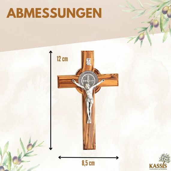 Kassis Geschenkartikel Olivenholz St. Benedikt Kreuz zum Aufhängen Benediktuskreuz Wandkreuz Kruzifix zur Firmung Geburt Kommunion Taufe 12 x 8,5 cm