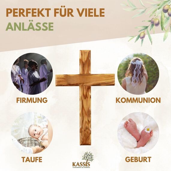 Kassis Geschenkartikel Olivenholz Kreuz schlicht zum Aufhängen Wandkreuz Deko Geschenk zur Firmung Geburt Kommunion Taufe 12 x 8 cm