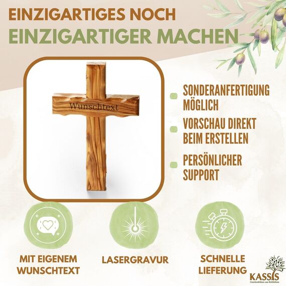 Kassis Geschenkartikel Olivenholz Kreuz schlicht zum Aufhängen Wandkreuz Deko Geschenk zur Firmung Geburt Kommunion Taufe (Wunschtext, 16 cm)