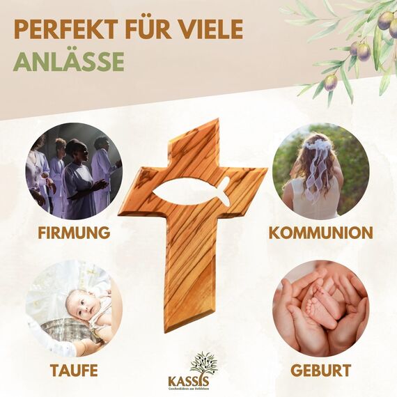 Kassis Geschenkartikel Personalisierbares Kreuz mit Fisch aus Olivenholz – handgefertigtes Wandkreuz aus Bethlehem - Spirituelles Geschenk zur Taufe, Kommunion, Firmung, Konfirmation, Hochzeit