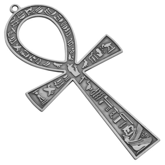 NileCart 17,8 cm großes ägyptisches Ankh-Kreuz aus Metall, hergestellt in Ägypten mit antiken ägyptischen Hieroglyphen Symbolen auf beiden Seiten (Antik-Silberton).