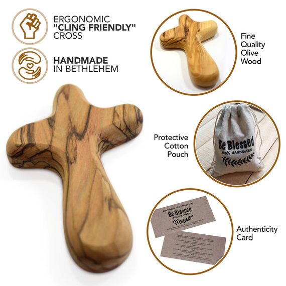 MIZZE Made for Luck 10 cm handgefertigt in Bethlehem handgefertigte Olivenholz Comfort Holding Cross in Beutel
