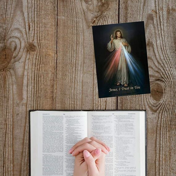 Jesus I Trust in You Divine Mercy Cardstock Laminierter Druck mit Chaplet auf Rückseite, katholische Heilige Gebetskarte, für Sonntagsschule, Kirche und Masse, 5,7 x 9,5 cm, 5 Stück