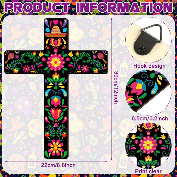 Pinkunn Wanddekoration, mexikanisches Kreuz, Motiv: Tag der Toten, handbemalt, Holz, Dia De Los Muertos, Altar-Dekorationen, spanisches Kreuz, Dekoration für Zuhause (Blume), 2 Stück